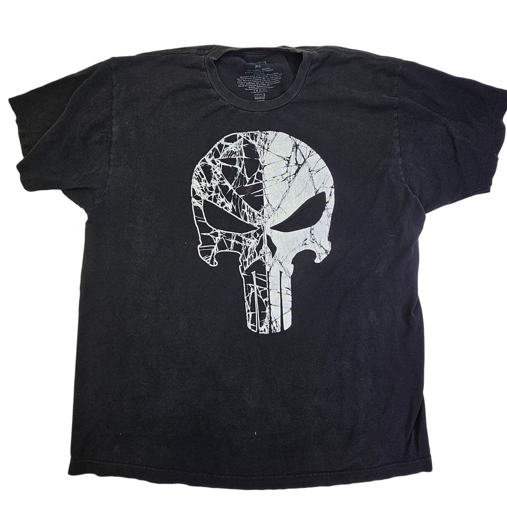 Marvel Punisher Skull Graphic T-Shirt Black XL Cracked Glass Logo Short Sleeve